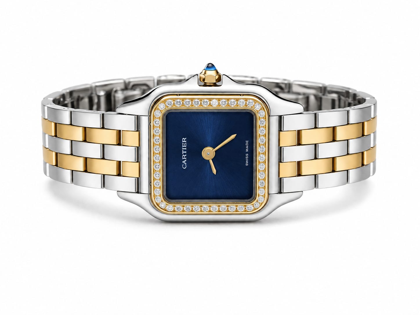 Cartier Panthère-Inspired Women’s Two-Tone Gold & Silver Square Watch with Sparkling Rhinestone-Set Bezel & Navy Blue Dial (Small Case) Dimensions: 25.1 × 18.5 mm