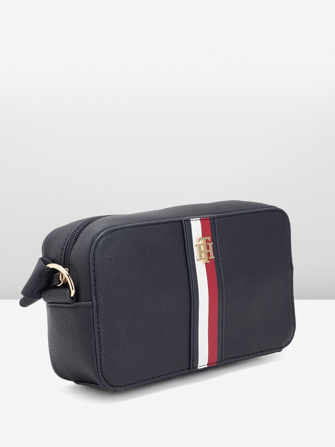 Tommy Hilfiger Striped Structured Sling Bag – Black, White & Red #21