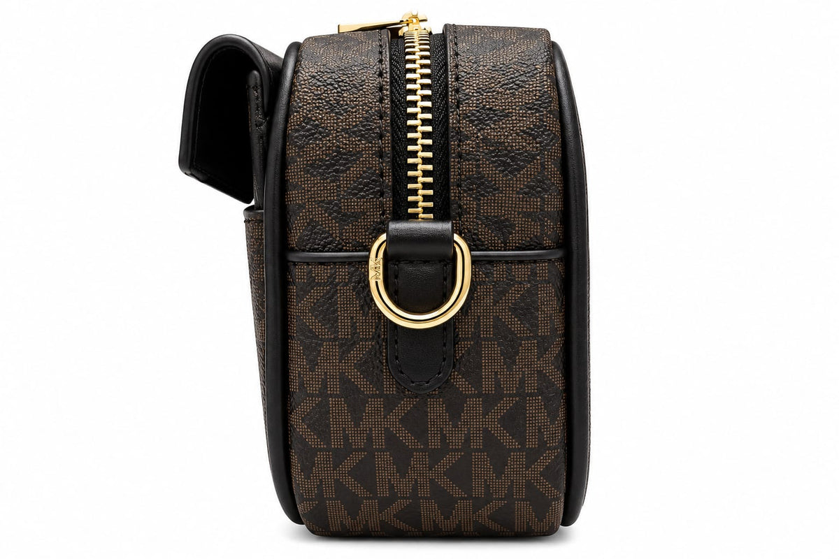 Women’s Dark Brown MK Monogram Crossbody Bag with Gold-Tone Zipper & Chain Detail#0083