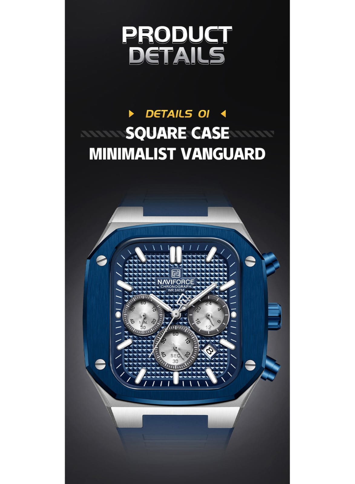 NAVIFORCE NF8037 Men's Chronograph Watch with Blue Silicone Strap, 30M Water Resistant
