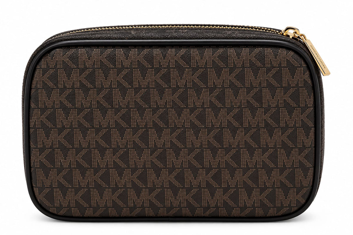 Women’s Dark Brown MK Monogram Crossbody Bag with Gold-Tone Zipper & Chain Detail#0083