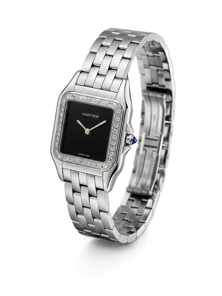 Cartier Panthère-Inspired Women’s Silver-Tone Square Watch with Sparkling Rhinestone-Set Bezel & Black Dial (Medium Case)  Dimensions: 36.5 × 26.7 mm