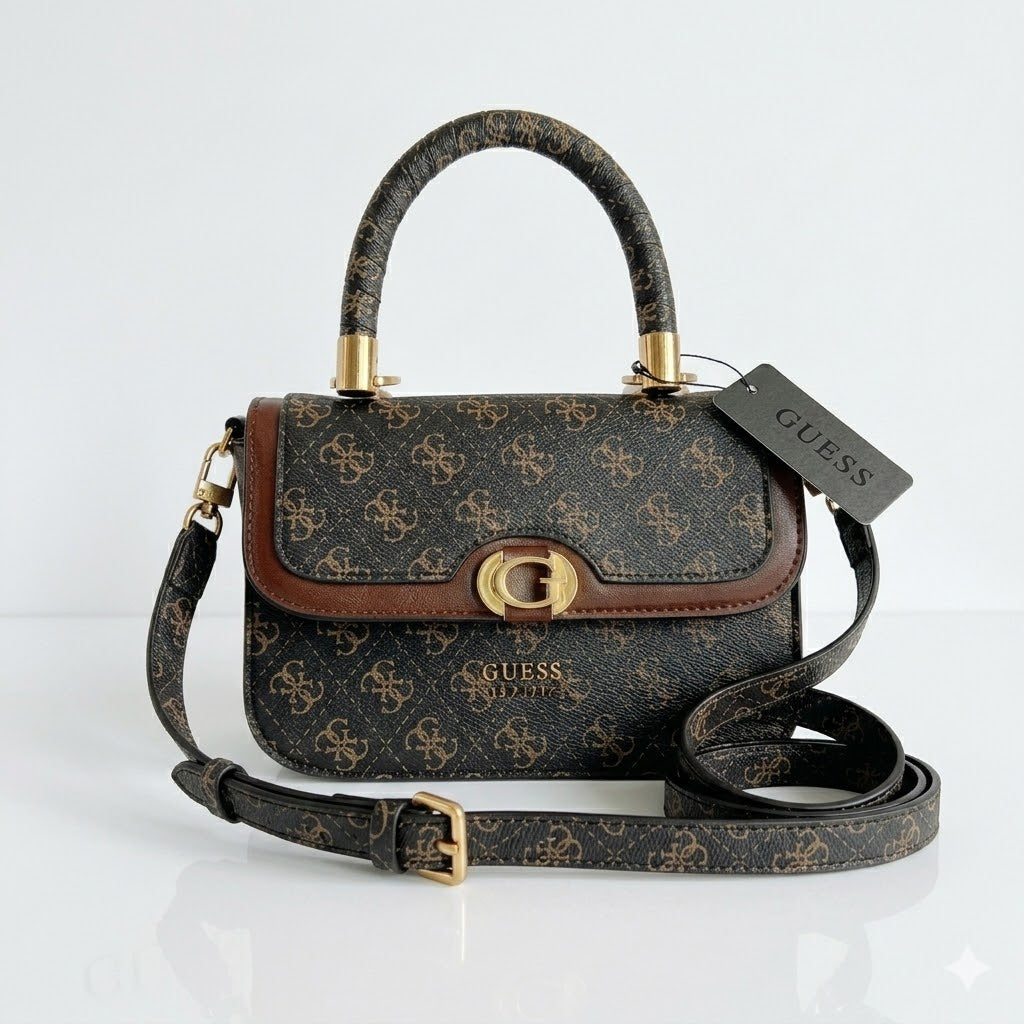 GUESS Luxury Monogram Handbag with Adjustable Crossbody Strap – Dark Brown#190
