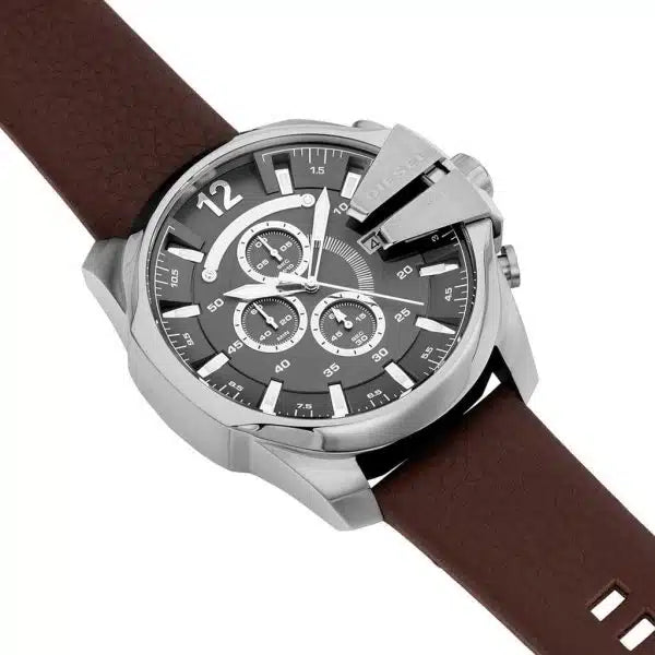 Diesel DZ4290 Mega Chief Men’s Watch – Brown Leather Strap, Grey Dial, 51mm Quartz Chronograph Style