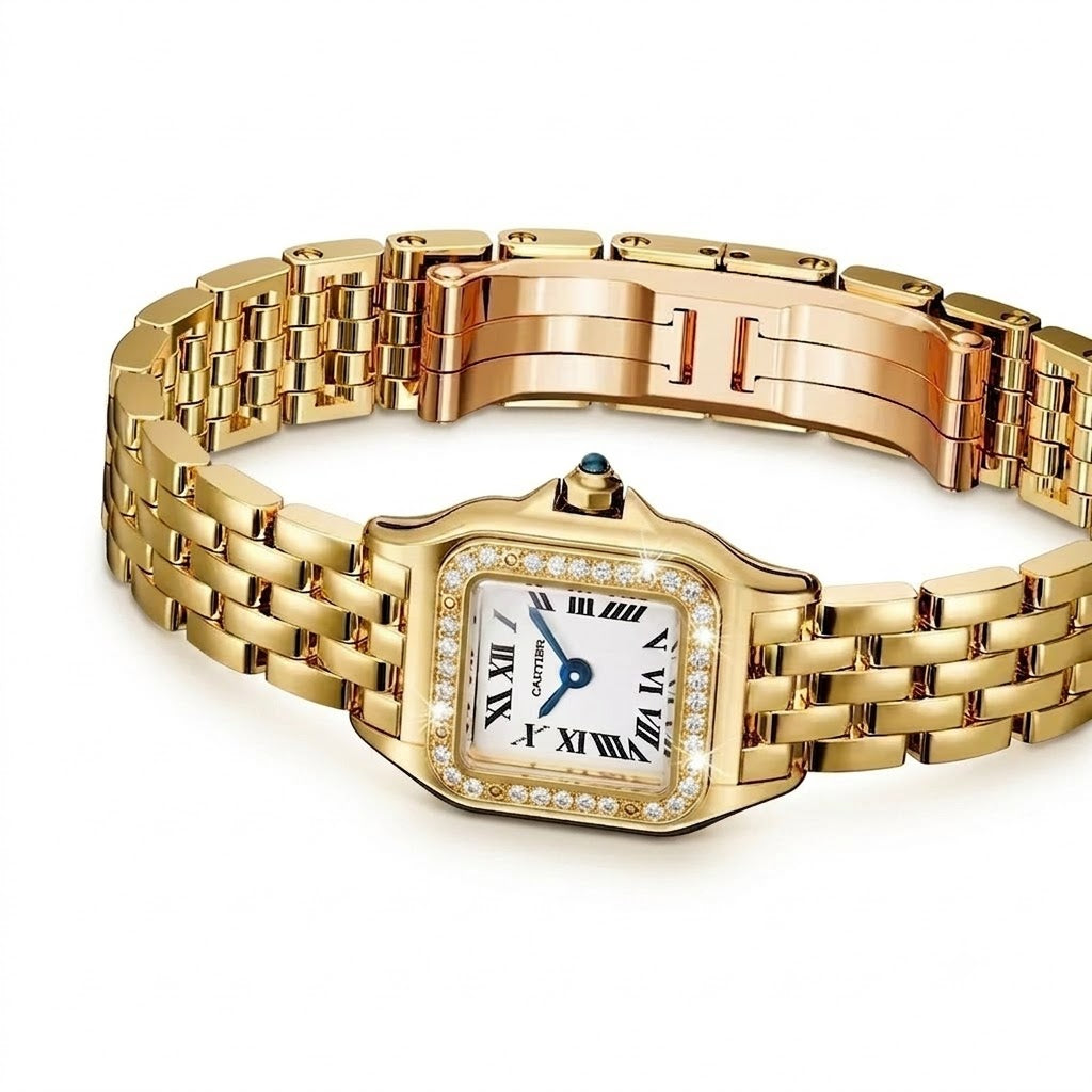 Cartier Panthère-Inspired Women’s Gold-Tone Square Watch with Stone-Set Bezel & White Dial (Extra Small Case) Dimensions: 25.1 × 18.5 mm