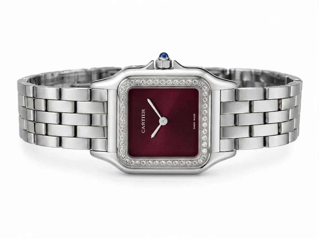Cartier Panthère-Inspired Women’s Silver-Tone Square Watch with Sparkling Rhinestone-Set Bezel & Burgundy Dial (Medium Case) Dimensions: 36.5 × 26.7 mm