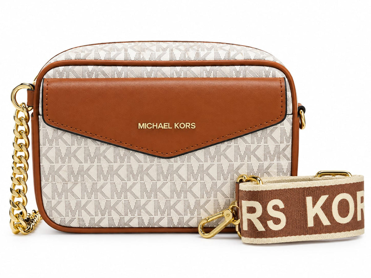 Michael Kors Signature Monogram Camera Crossbody Bag - Beige & Brown#0072