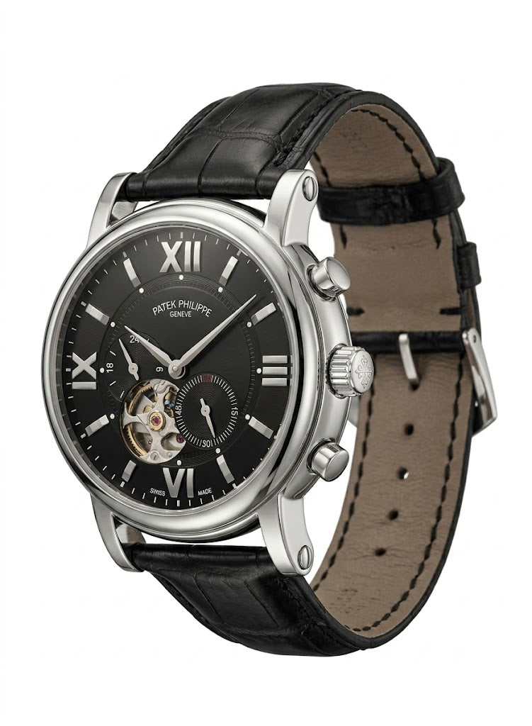 Luxury Skeleton Dial Automatic Watch – Nautilus-Inspired Design, Black Dial, Stainless Steel Case & Black Leather Strap
