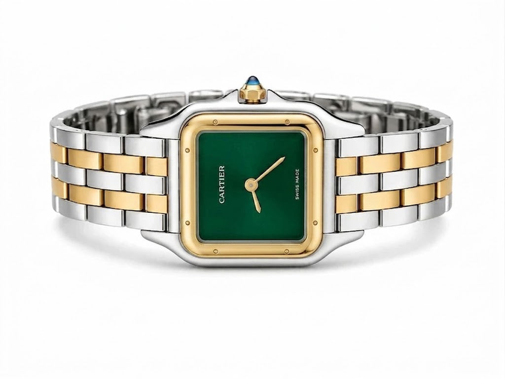 Cartier Panthère-Inspired Women’s Two-Tone Gold & Silver Square Watch with Green Dial (Small Case) Dimensions: 25.1 × 18.5 mm