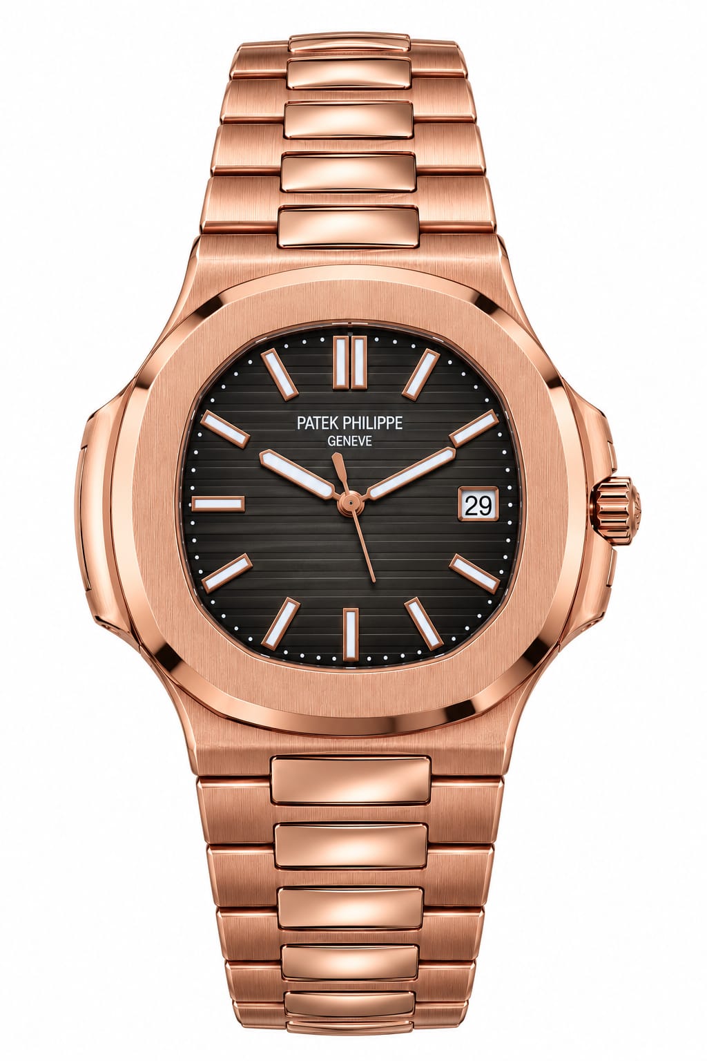 Patek Philippe Nautilus Self-Winding Rose Gold Luxury Men's Watch – Dark Embossed Dial and Integrated Bracelet