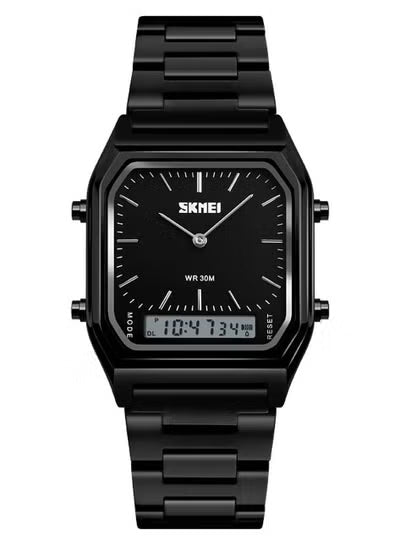 SKMEI 1220 Stainless Steel Analog Digital Watch – Black Dual Display Men’s Watch with Alarm, Stopwatch & Date