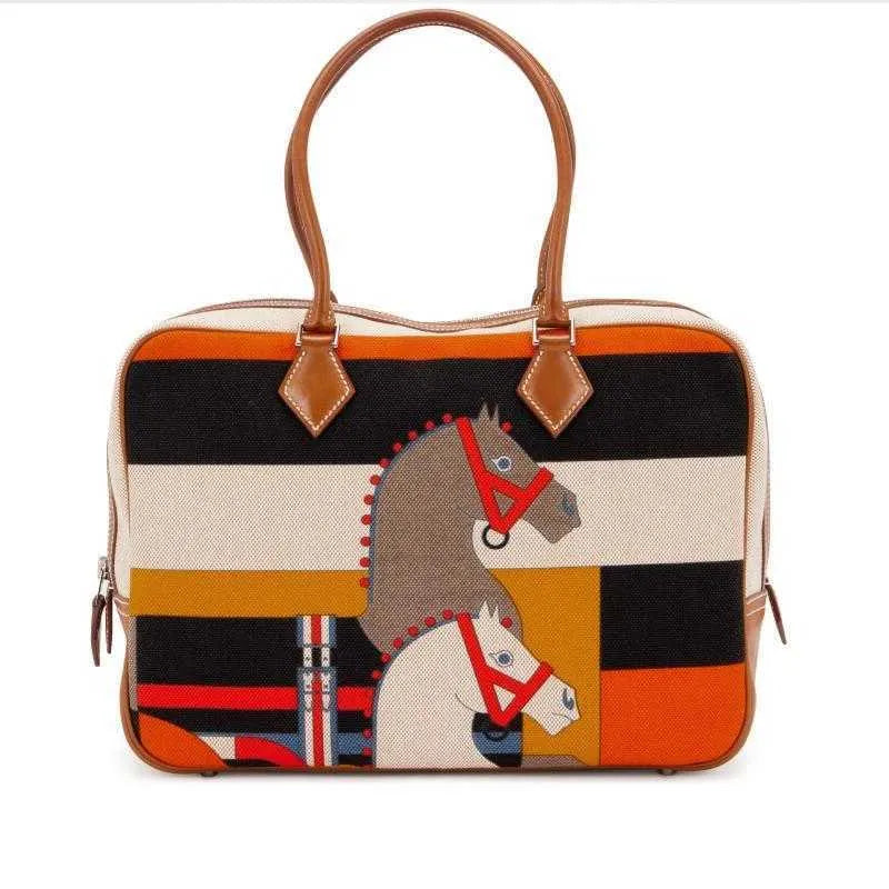 Women's Classic Equestrian Horse Print Geometric Striped Fashion Handbag#0003