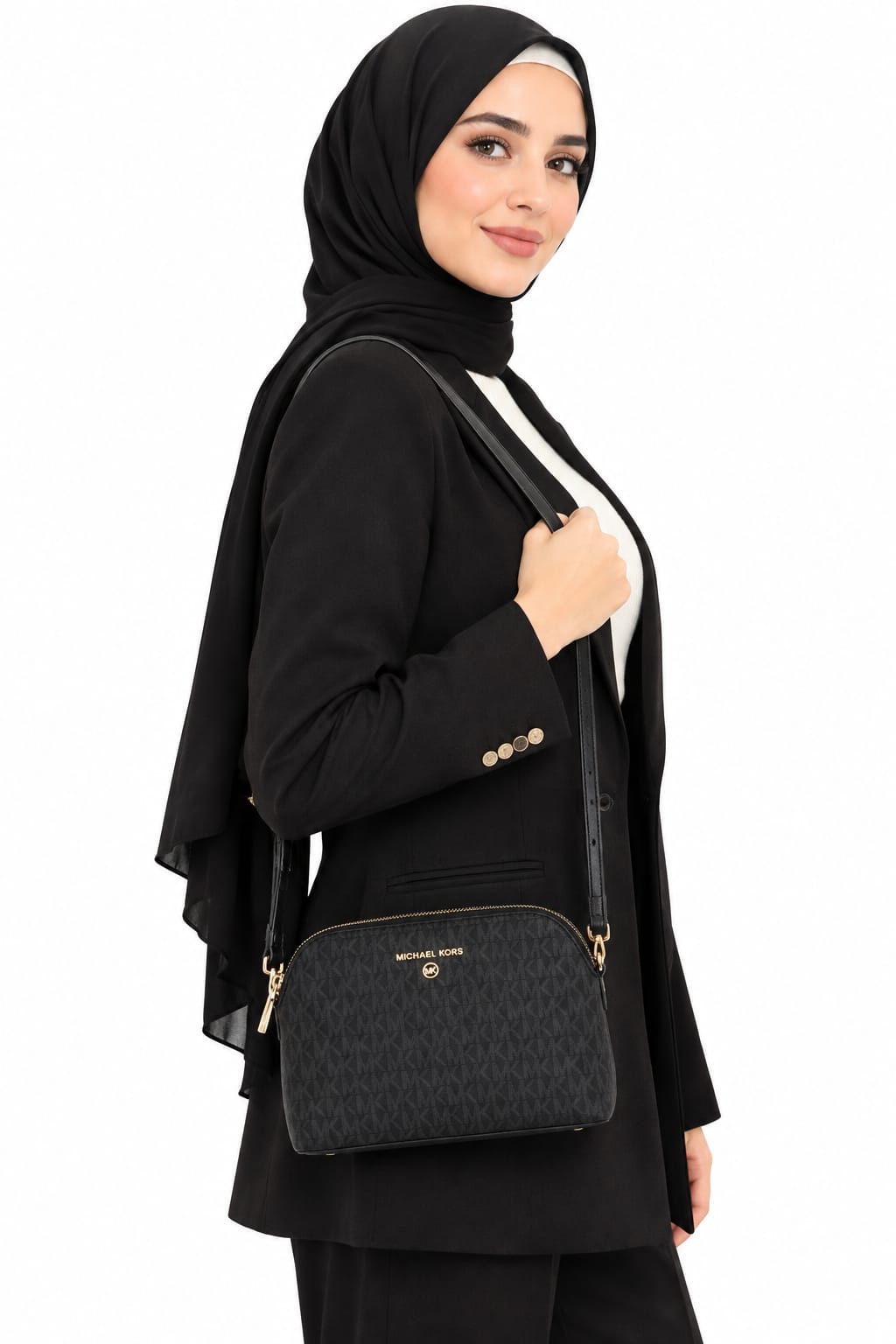 Women’s Black Signature Monogram Crossbody Bag – Two-Compartment Design with Gold-Tone Hardware#0044