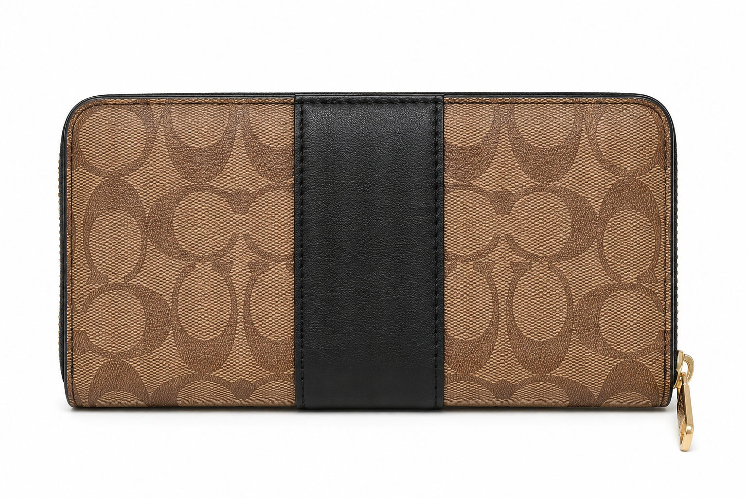 COACH Women's Signature Canvas Zip Around Wallet with Black Leather Stripe & Gold-Tone Hardware – Brown#06