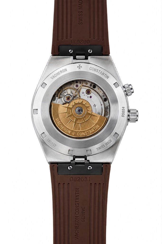 Vacheron Constantin Overseas Men's Dual Time Watch with White Dial, Silver Stainless Steel Case, and Brown PVC Strap – 41mm
