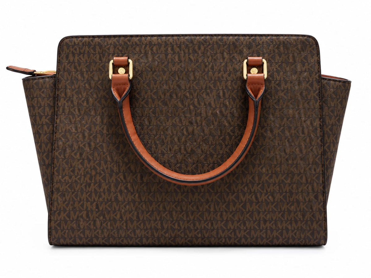 Michael Kors Women's Brown Signature Monogram Structured Tote Bag with Leather Handles#0038