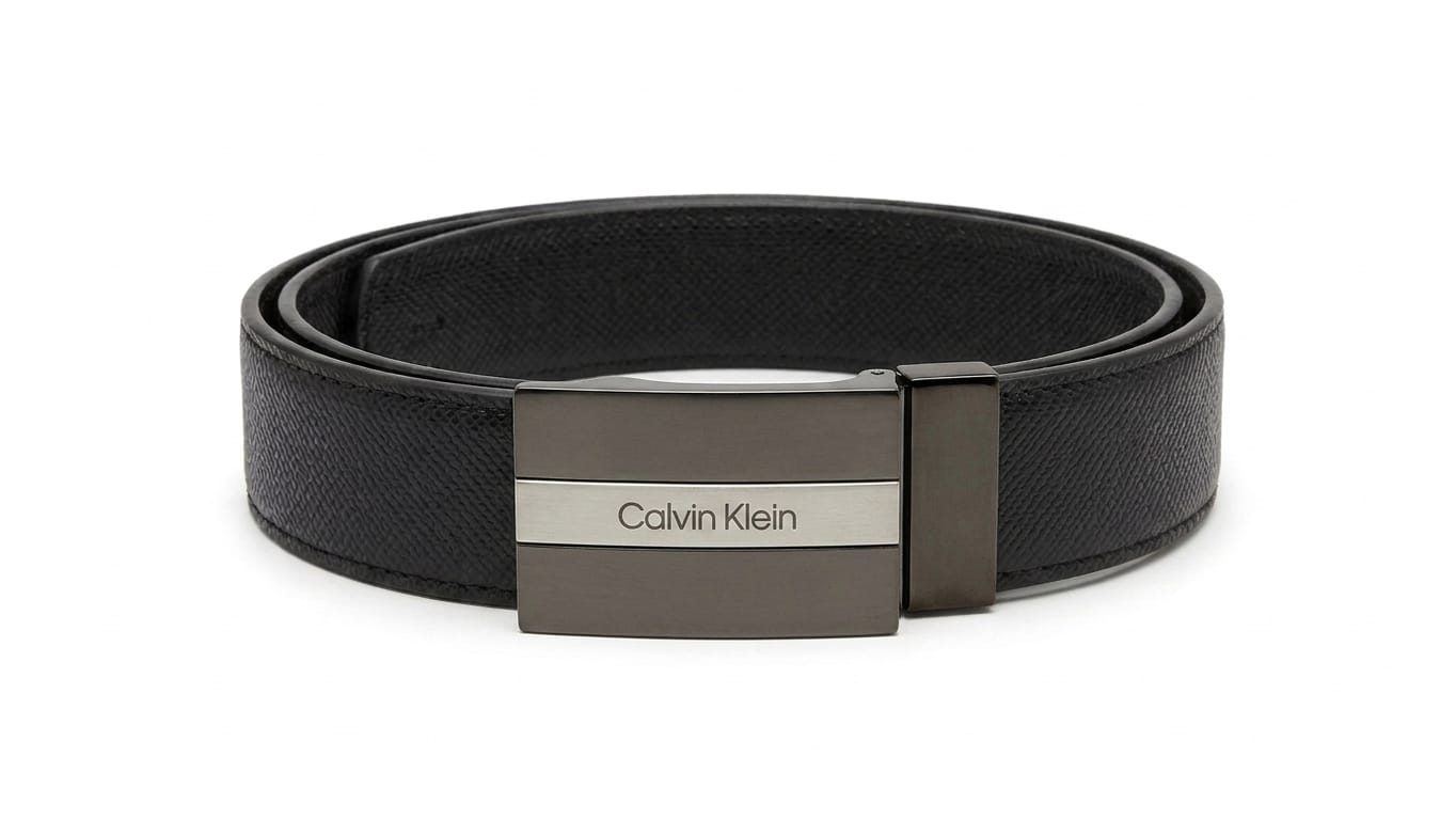 Calvin Klein Men's Reversible Belt – Dual-Texture Black Leather with Two-Tone Metal Buckle#025