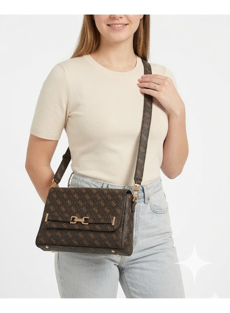 Women’s Monogram Saddle Crossbody Bag – Brown Elegant Flap Bag with Gold Hardware#186