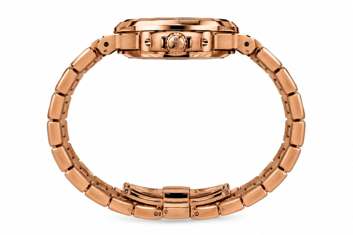 Patek Philippe Nautilus Self-Winding Rose Gold Luxury Men's Watch – Dark Embossed Dial and Integrated Bracelet