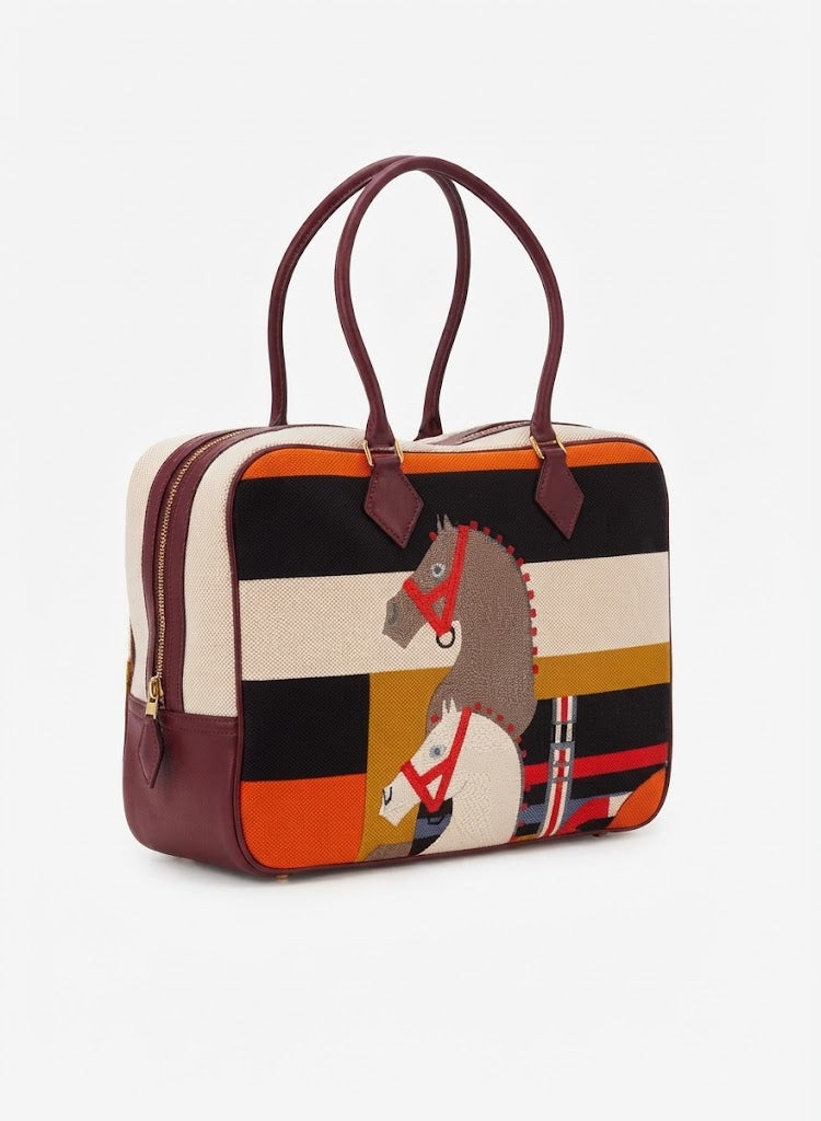 Women's Classic Equestrian Horse Print Handbag – Geometric Striped Fashion Bag Q260606#0004