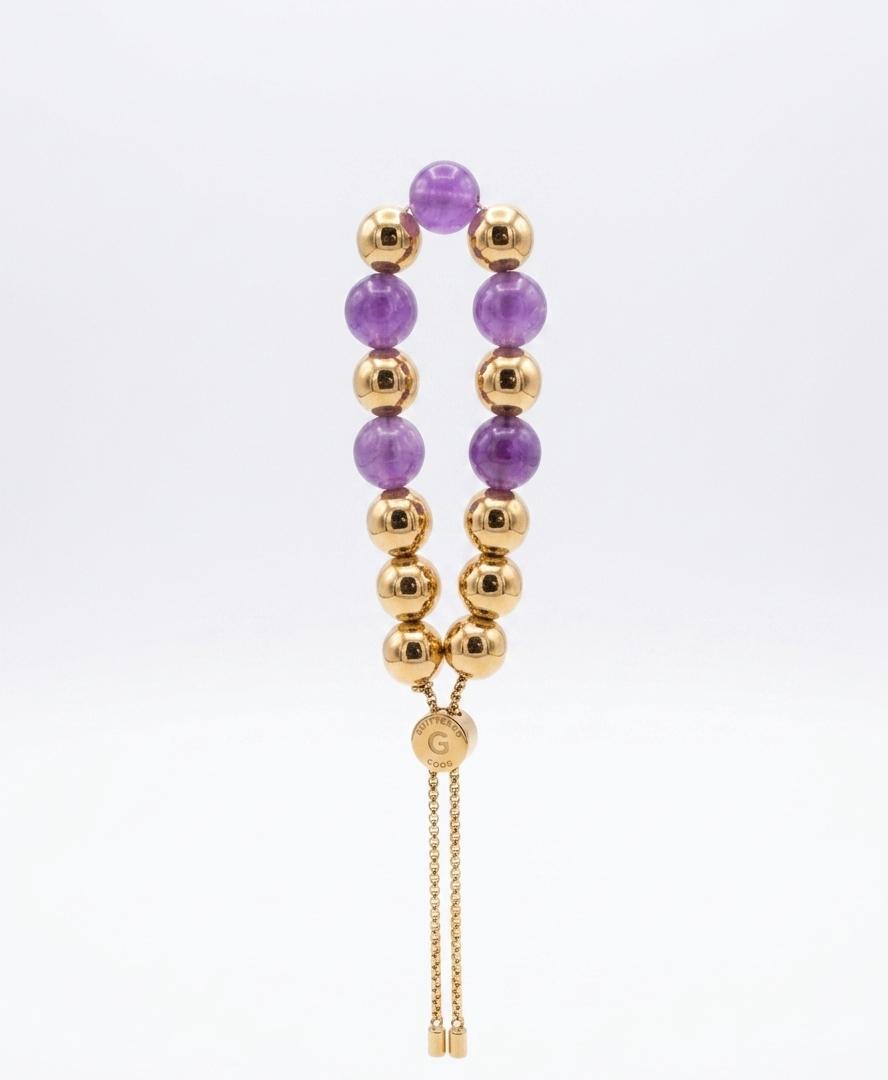 Elegant Gold & Purple Beaded Adjustable Bracelet with Crystal Shine Finish#028