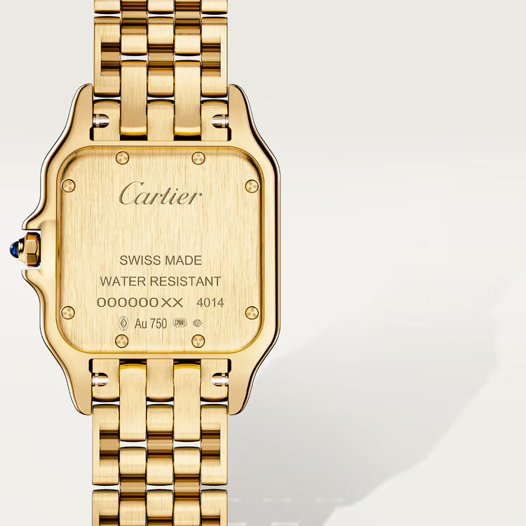Cartier Panthère-Inspired Women’s Gold-Tone Square Watch with Stone-Set Bezel & White Dial (Medium Case) Dimensions: 36.5 × 26.7 mm