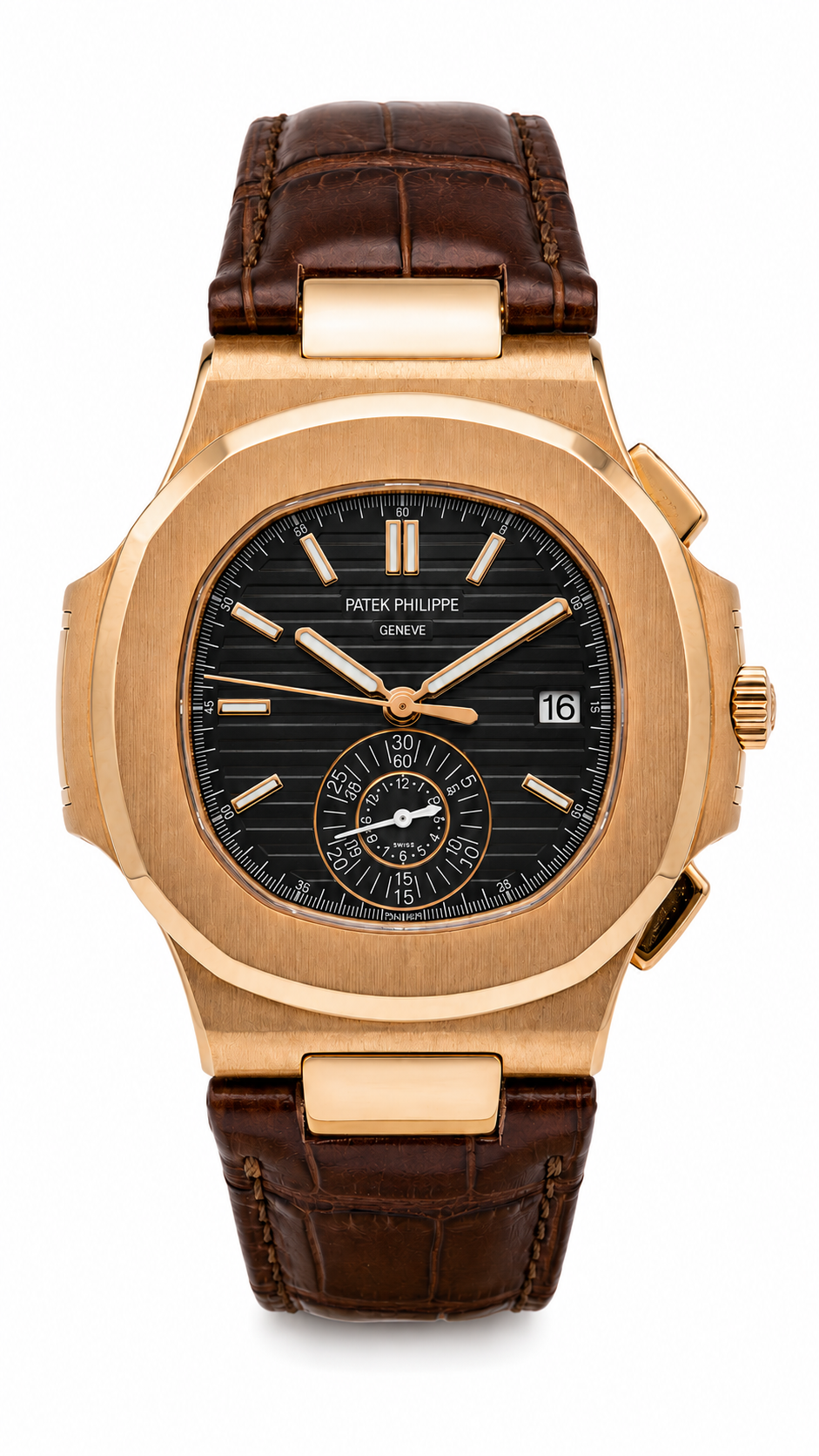 Luxury Nautilus-Style Watch – Black Textured Dial, Rose Gold Case & Brown Leather Strap