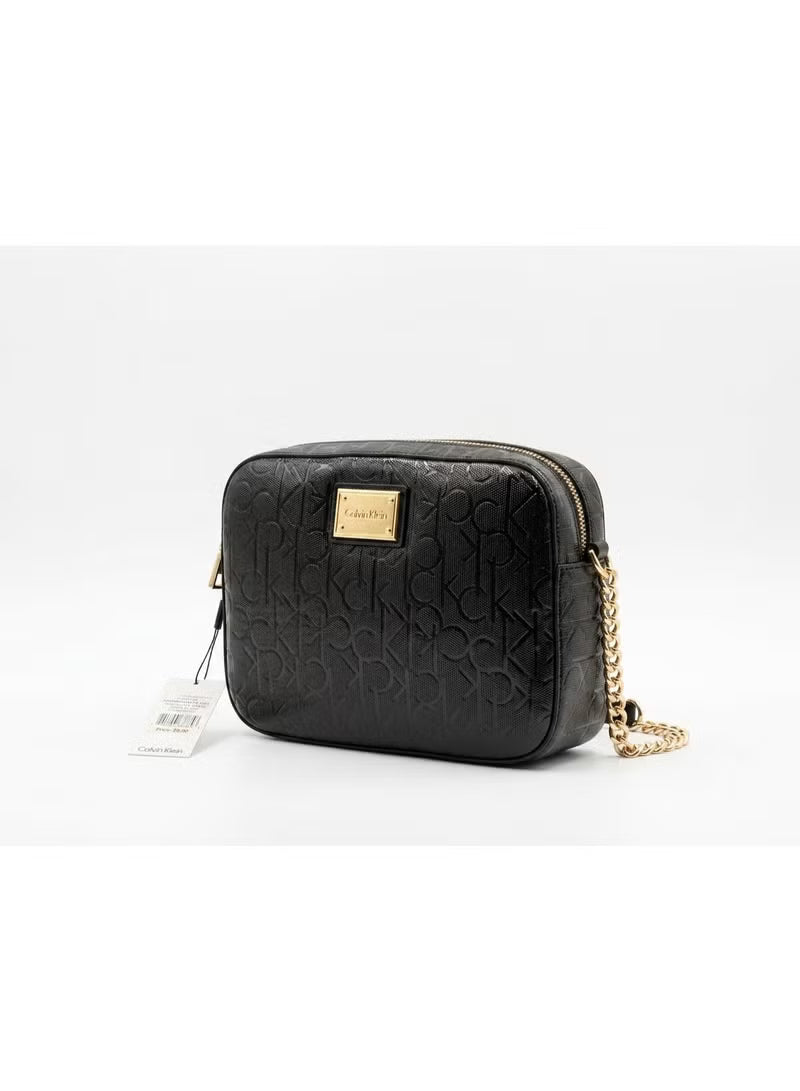Calvin Klein Women's Embossed Monogram Camera Crossbody Bag with Gold Chain Strap - Black #0025