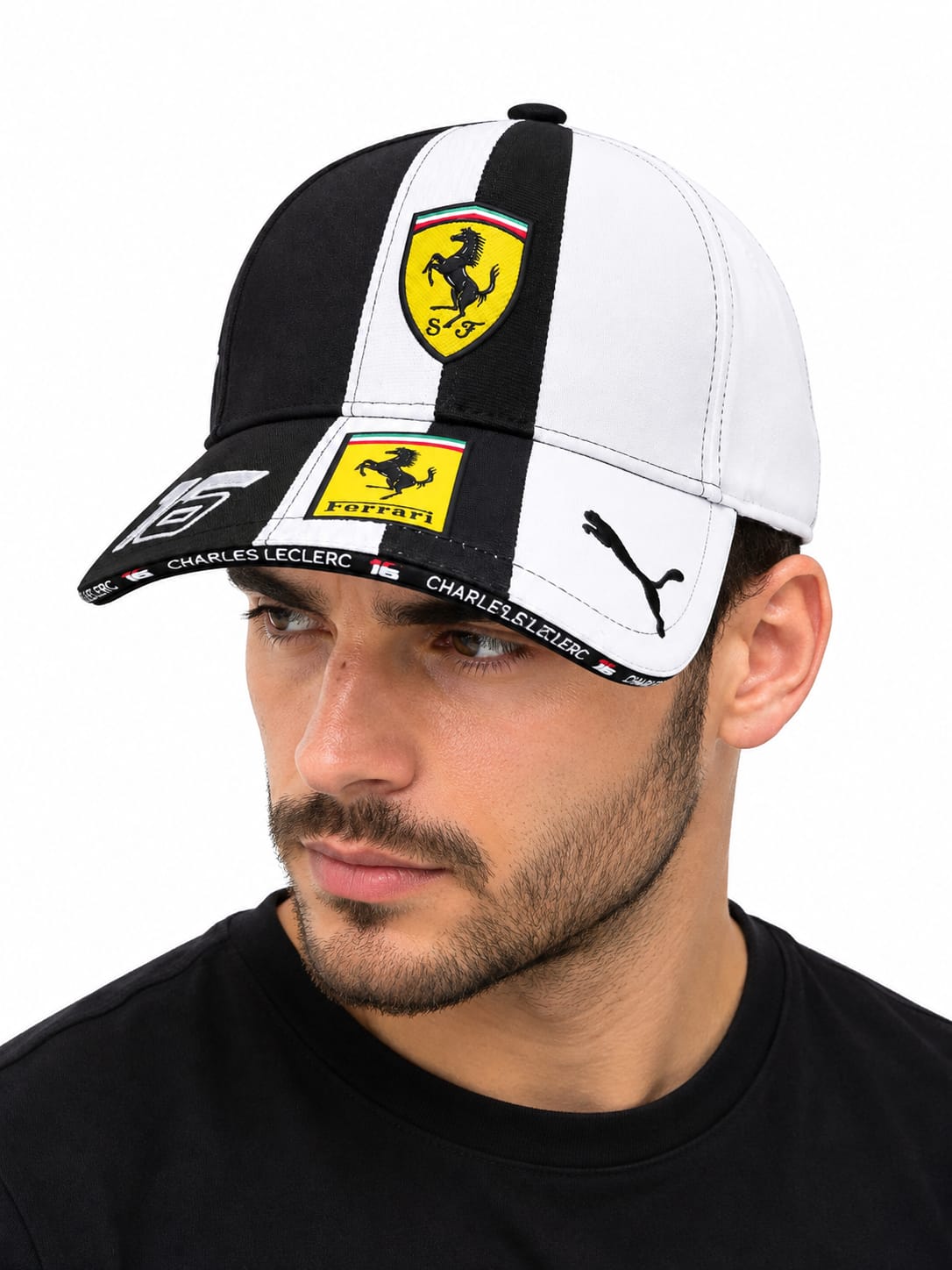 Ferrari Puma Men's Black and White Racing Baseball Cap with Number 16#16