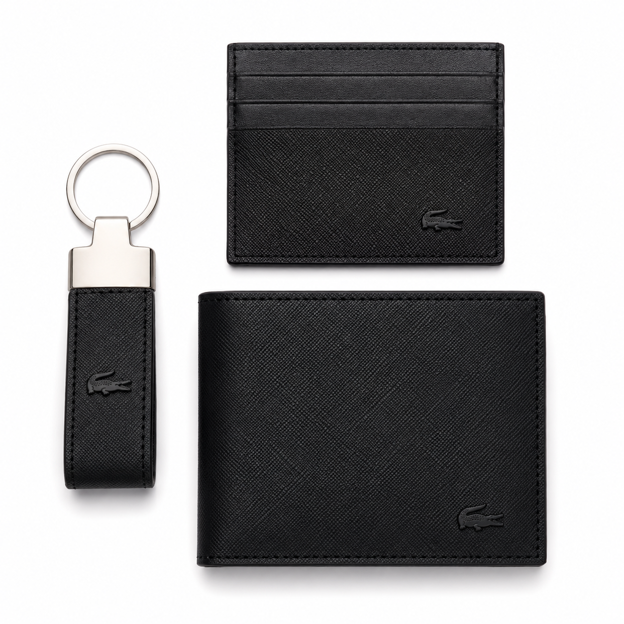 LACOSTE Men's Premium Leather Gift Set – Black Wallet, Card Holder & Keychain#01