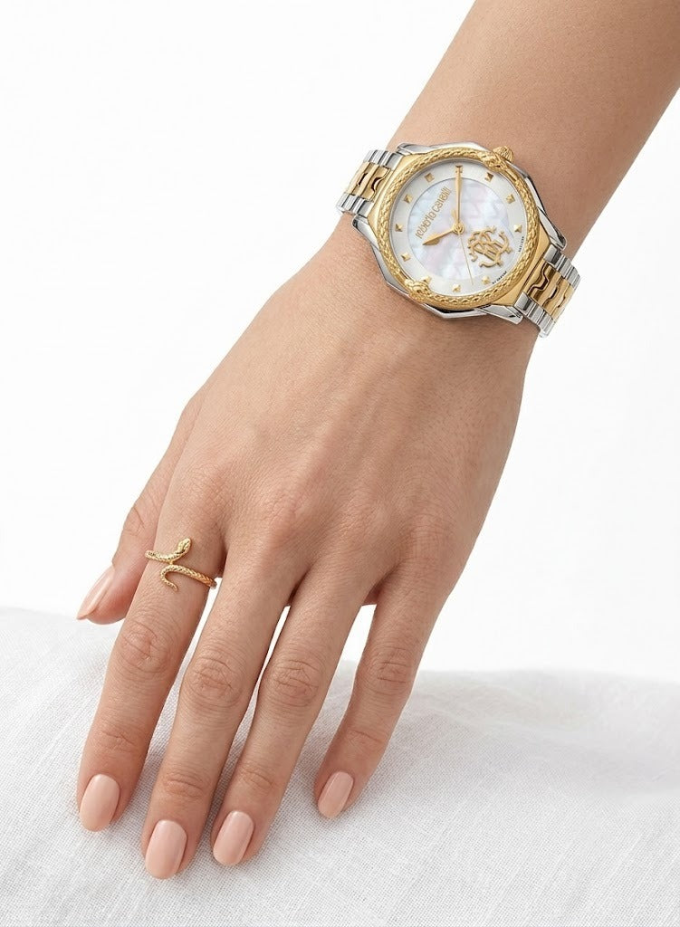 Roberto Cavalli RV1L225M0071 Women’s Watch – Franck Muller Collaboration, Two-Tone Stainless Steel Bracelet, White Dial, Luxury Quartz Timepiece