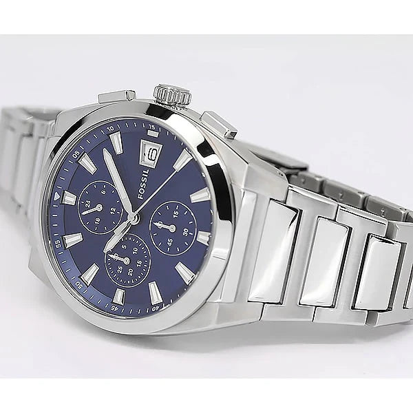 Fossil Everett FS5795 Men’s Watch – Blue Dial Chronograph, Silver Stainless Steel Bracelet, Quartz, 42mm, 50M Water Resistant
