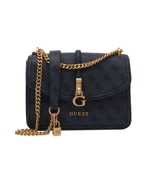 GUESS G James Logo Convertible Crossbody Bag – Black Quilted Faux Leather with Chain Strap