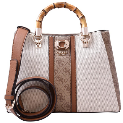 GUESS Kerima Bamboo Top Handle Flap Handbag – Neutral Canvas with 4G Logo