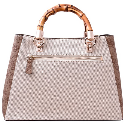 GUESS Kerima Bamboo Top Handle Flap Handbag – Neutral Canvas with 4G Logo