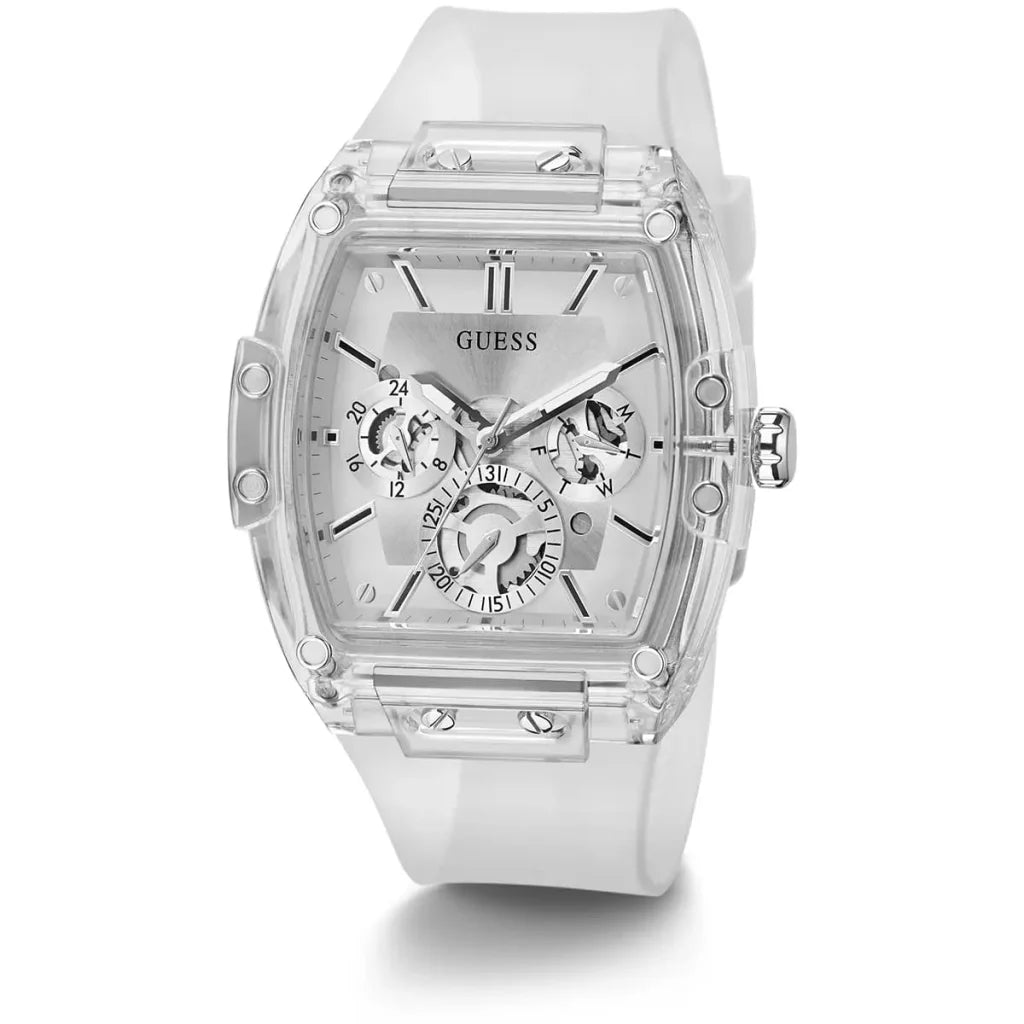 Guess Phoenix Men’s Watch GW0203G1 – 43mm Silver Dial with Transparent Silicone Strap