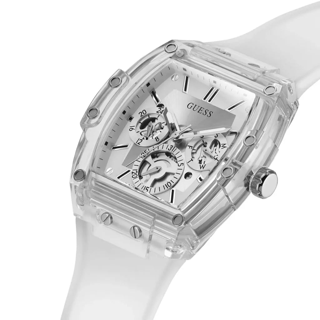 Guess Phoenix Men’s Watch GW0203G1 – 43mm Silver Dial with Transparent Silicone Strap
