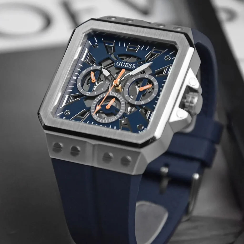 Guess LEO Men’s Watch GW0637G1 – 42mm Navy Square Dial with Silicone Strap