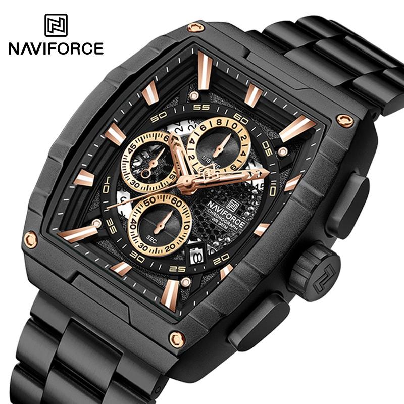 Naviforce NF8066-B-RG-B Men’s Analog Square Watch with Black / Roes Gold Dial & Stopwatch