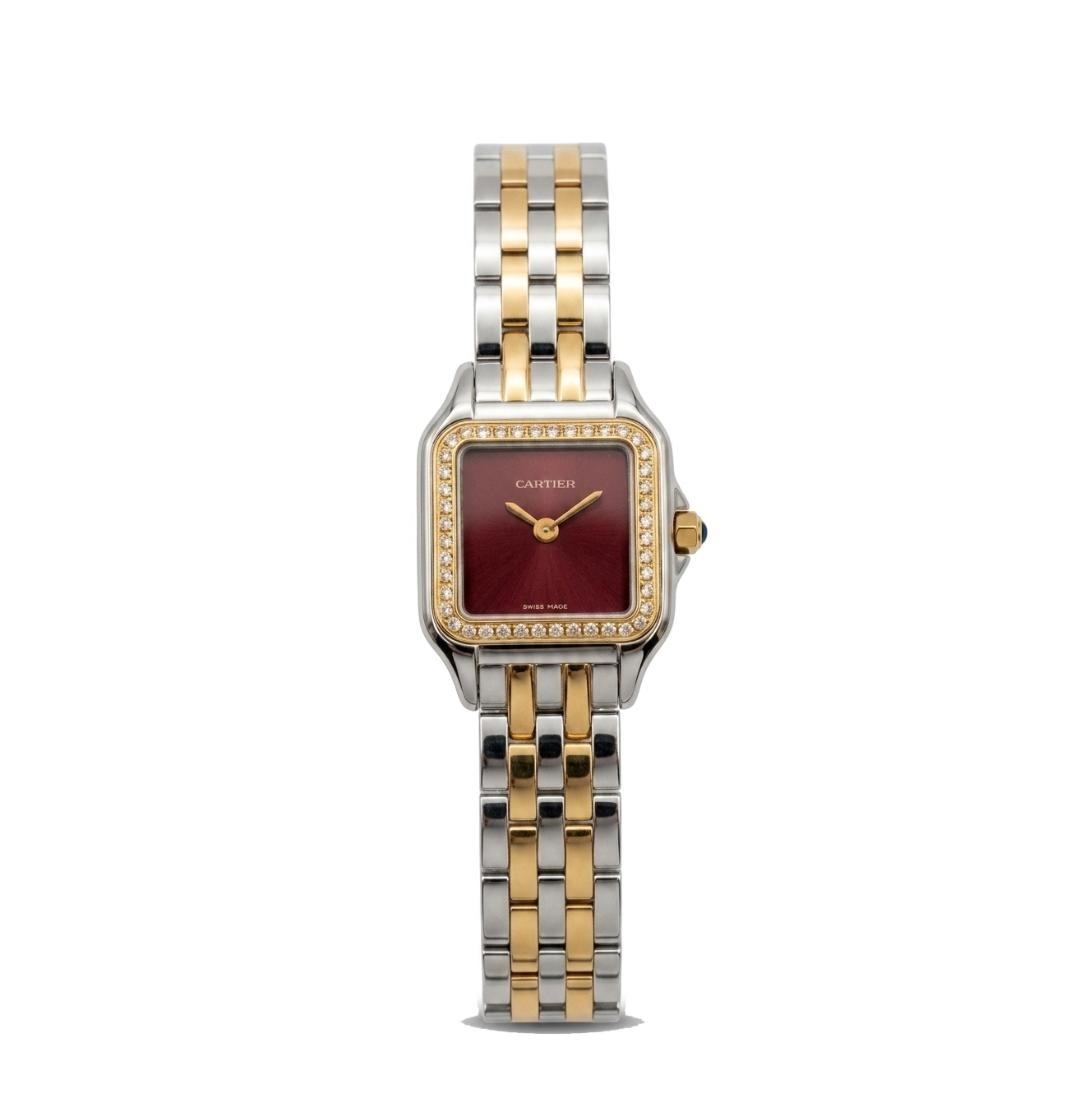 Cartier Panthère Two-Tone Diamond Watch for Men – Burgundy Dial & Stainless Steel Bracelet