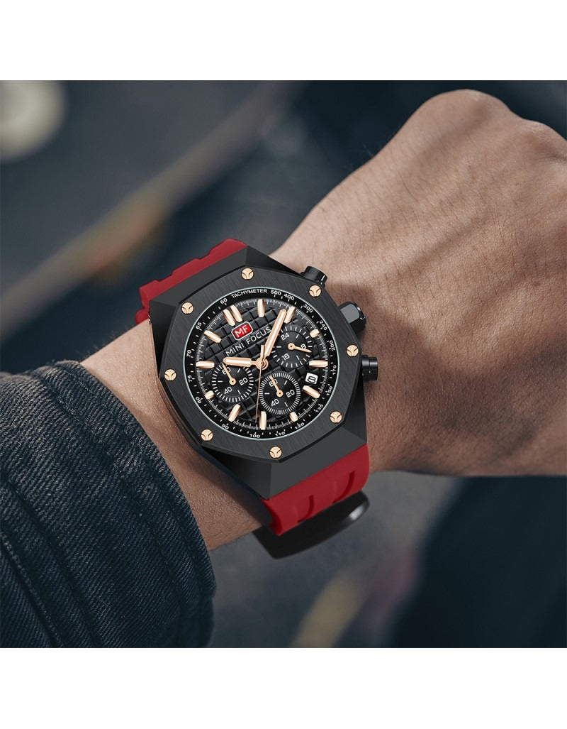 Mini Focus MF0417G.03 Men's Watch – Multifunctional Chronograph with Red Silicone Strap