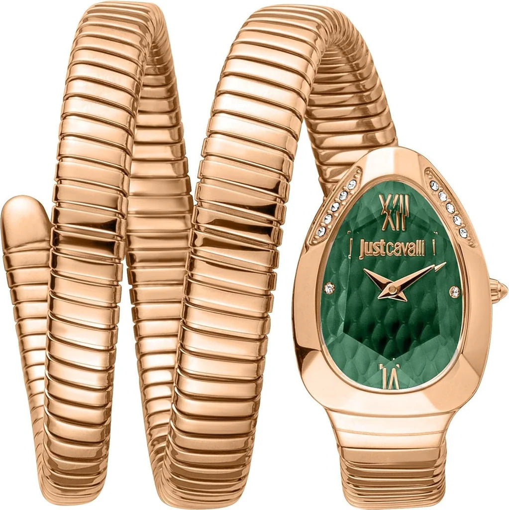 Just Cavalli Glam Evo 9 Women’s Watch JC1L224M0055 – Green Dial, Rose Gold Stainless Steel Strap, Signature Snake Luxury Watch