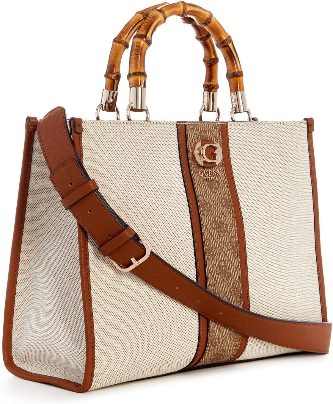 GUESS Kerima Bamboo 2 Compartment Tote – Natural/Milk Logo