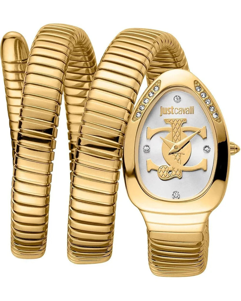 Just Cavalli Glam Evo 5 Women’s Watch JC1L228M0035 – Silver Dial, Gold Stainless Steel Bracelet, Quartz Fashion Watch