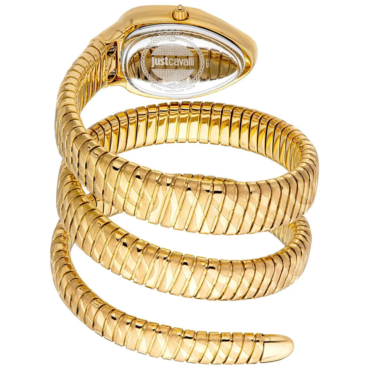 Just Cavalli Women’s JC1L226M0035 Quartz Watch – Signature Snake Design, Green & Silver Dial, Gold Stainless Steel Bracelet