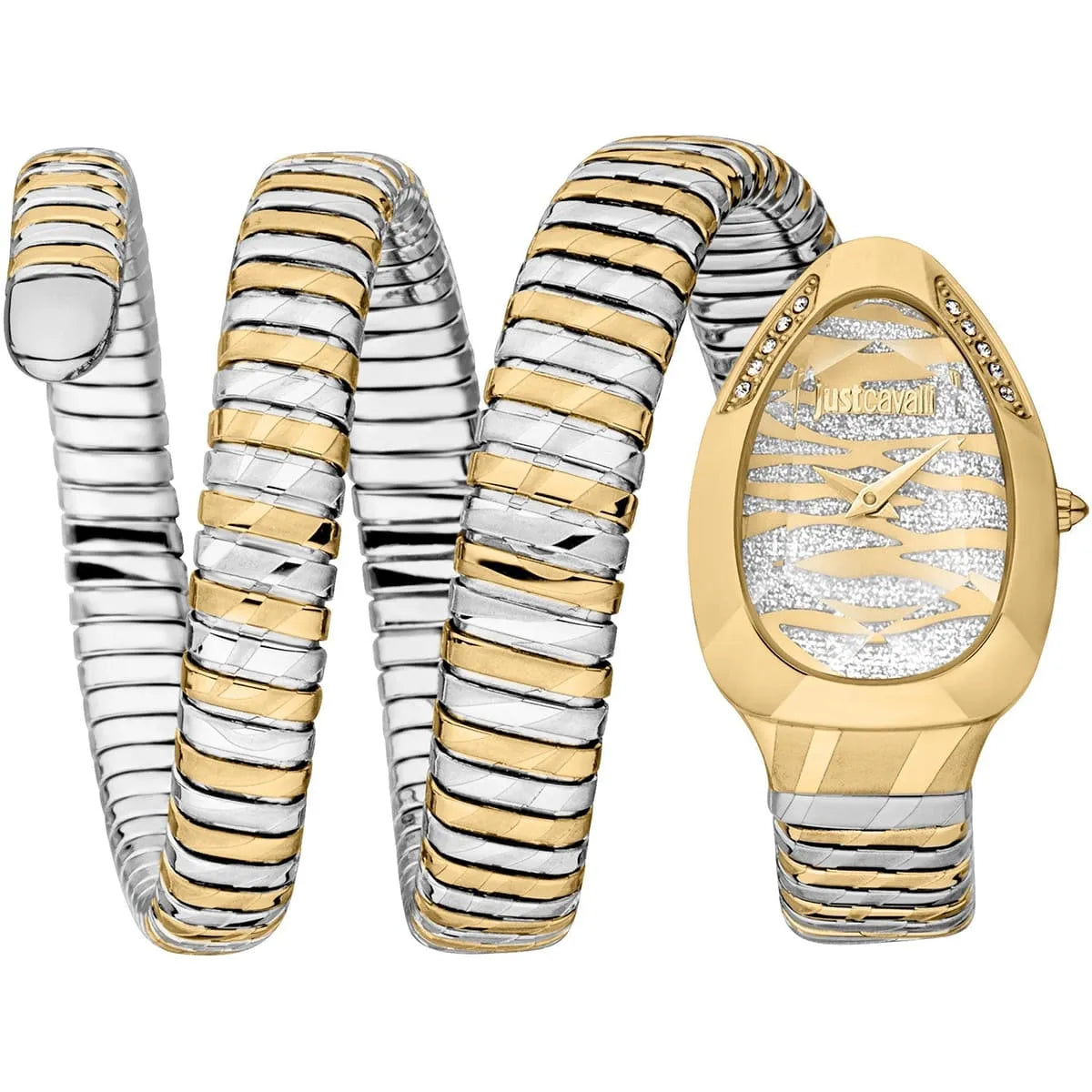 Just Cavalli JC1L226M0055 Women’s Signature Snake Watch – Two-Tone Stainless Steel Bracelet with Gold & Silver Dial, Oval Luxury Quartz Timepiece