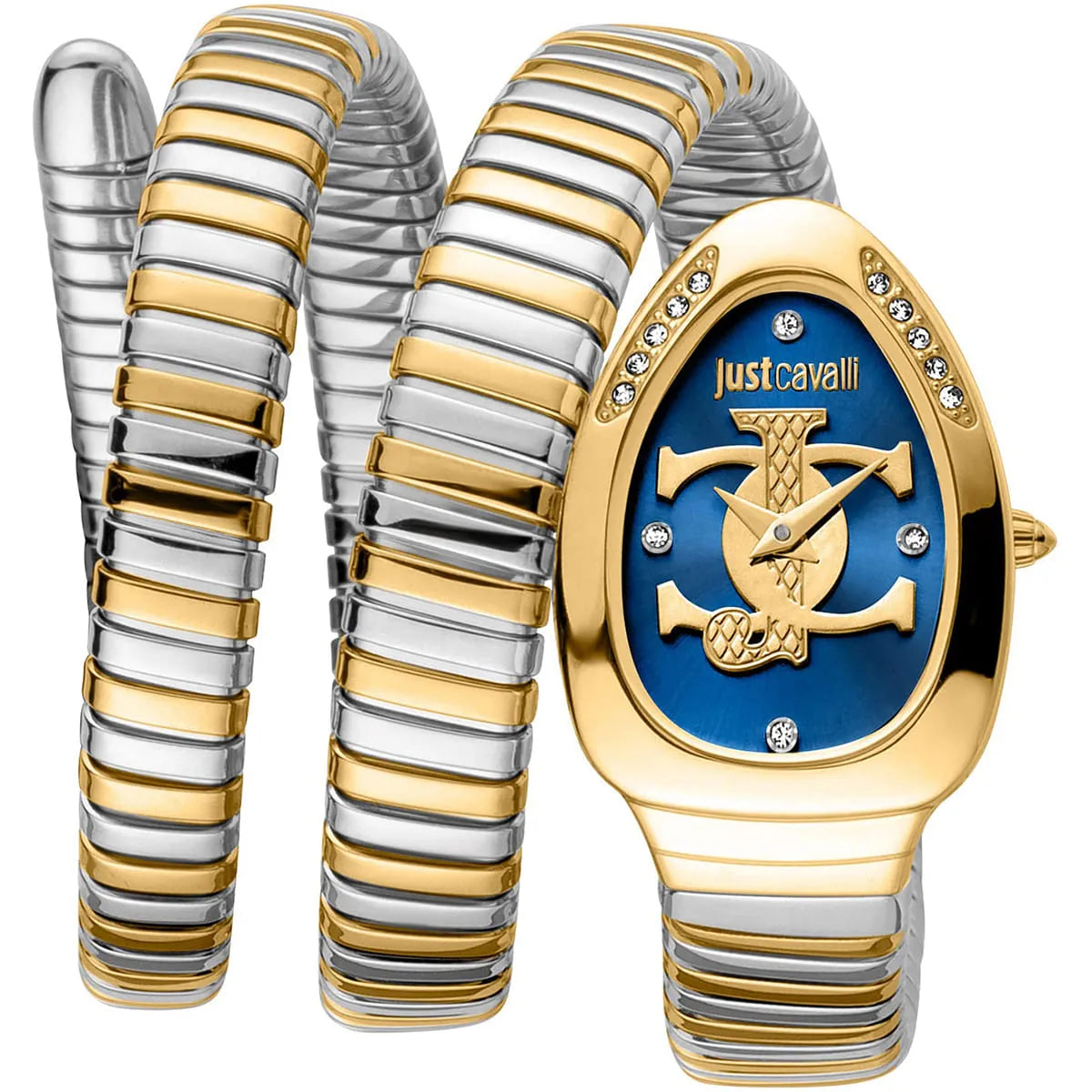 Just Cavalli Women’s JC1L228M0075 Quartz Watch – Signature Snake Design, Blue Dial & Two-Tone Stainless Steel Bracelet