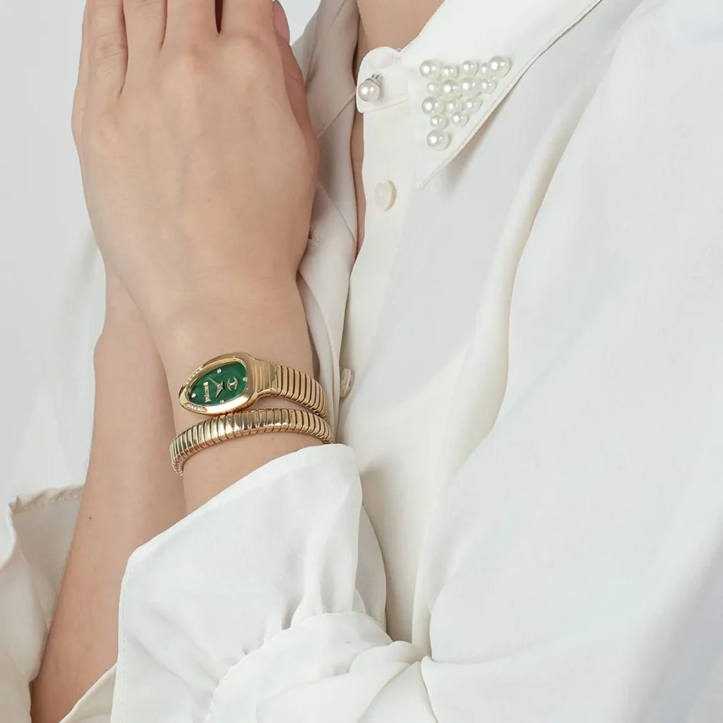 Just Cavalli JC1L229M0035 Women’s Signature Snake Watch – Gold Stainless Steel Bracelet with Green Dial, 22mm Luxury Quartz Timepiece