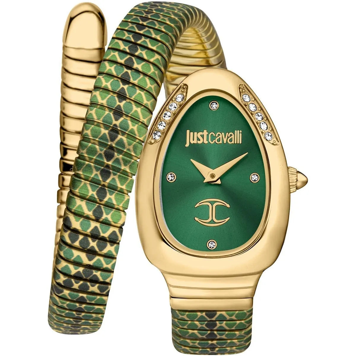 Just Cavalli JC1L251M0035 Women’s Signature Snake Watch – Full Green Stainless Steel Bracelet with Green Dial, Oval Luxury Quartz Timepiece