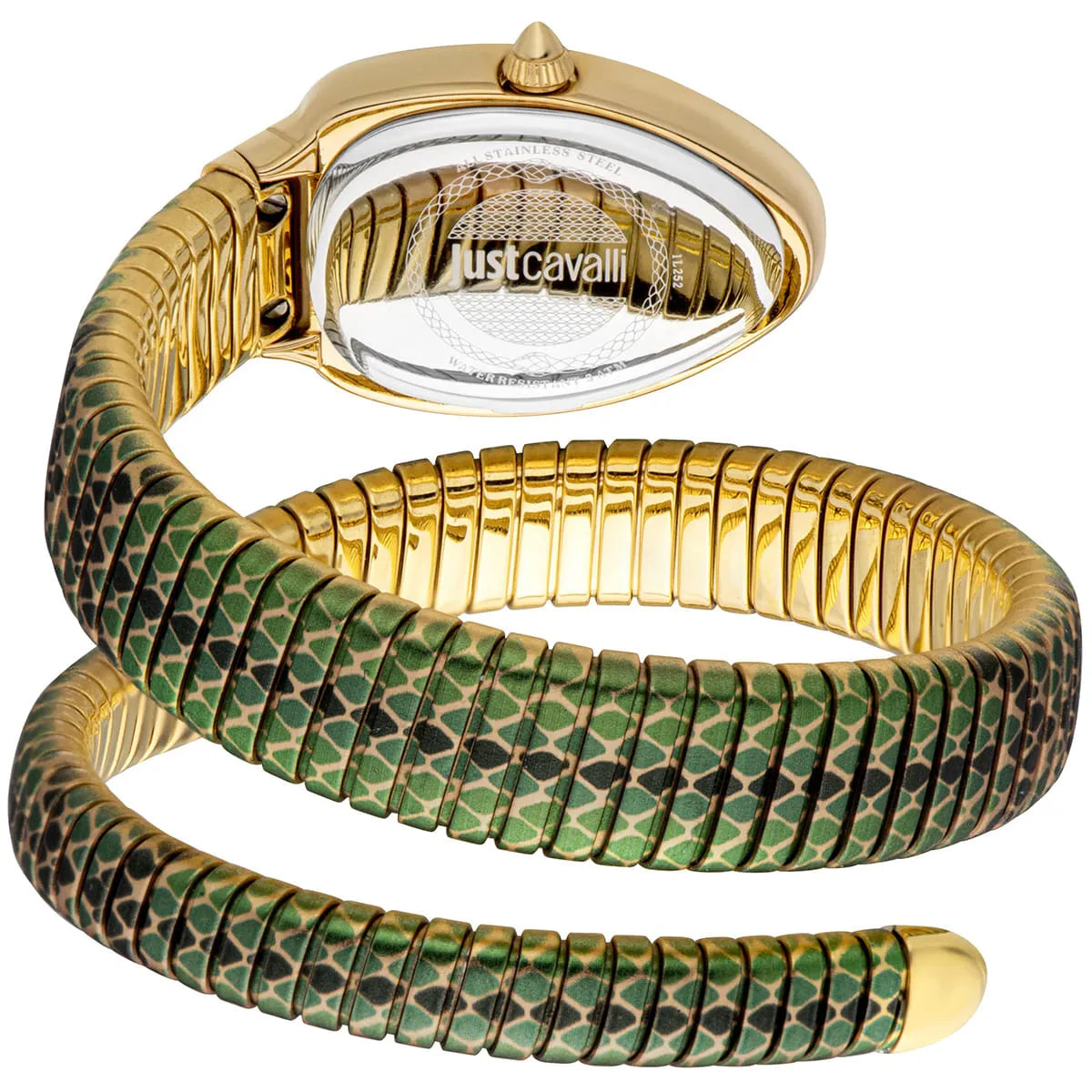 Just Cavalli JC1L251M0035 Women’s Signature Snake Watch – Full Green Stainless Steel Bracelet with Green Dial, Oval Luxury Quartz Timepiece